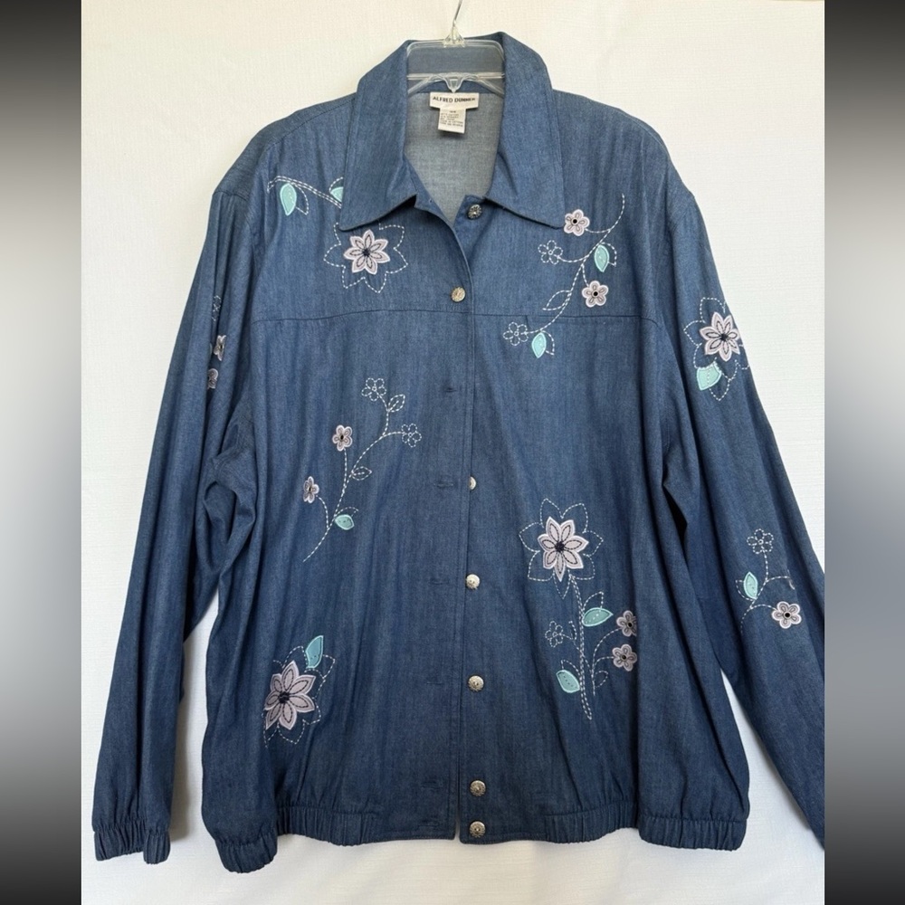 Alfred Dunner Size 18W Blue Denim Pocket Button Jean Jacket Floral Embroidered